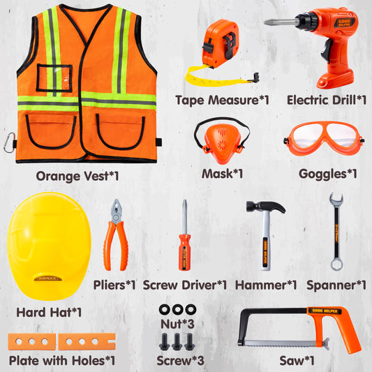 Workbenches with Construction Worker Hat Costume & Electronic Toy Drill, (19 Pieces)