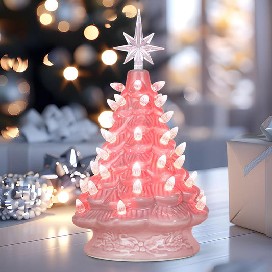 Joyfy 12 Inch Pink Ceramic Christmas Tree,Prelit Ceramic Christmas Tree with Lights and Top Star,Table Top Christmas Tree Decorations,Holiday Tree
