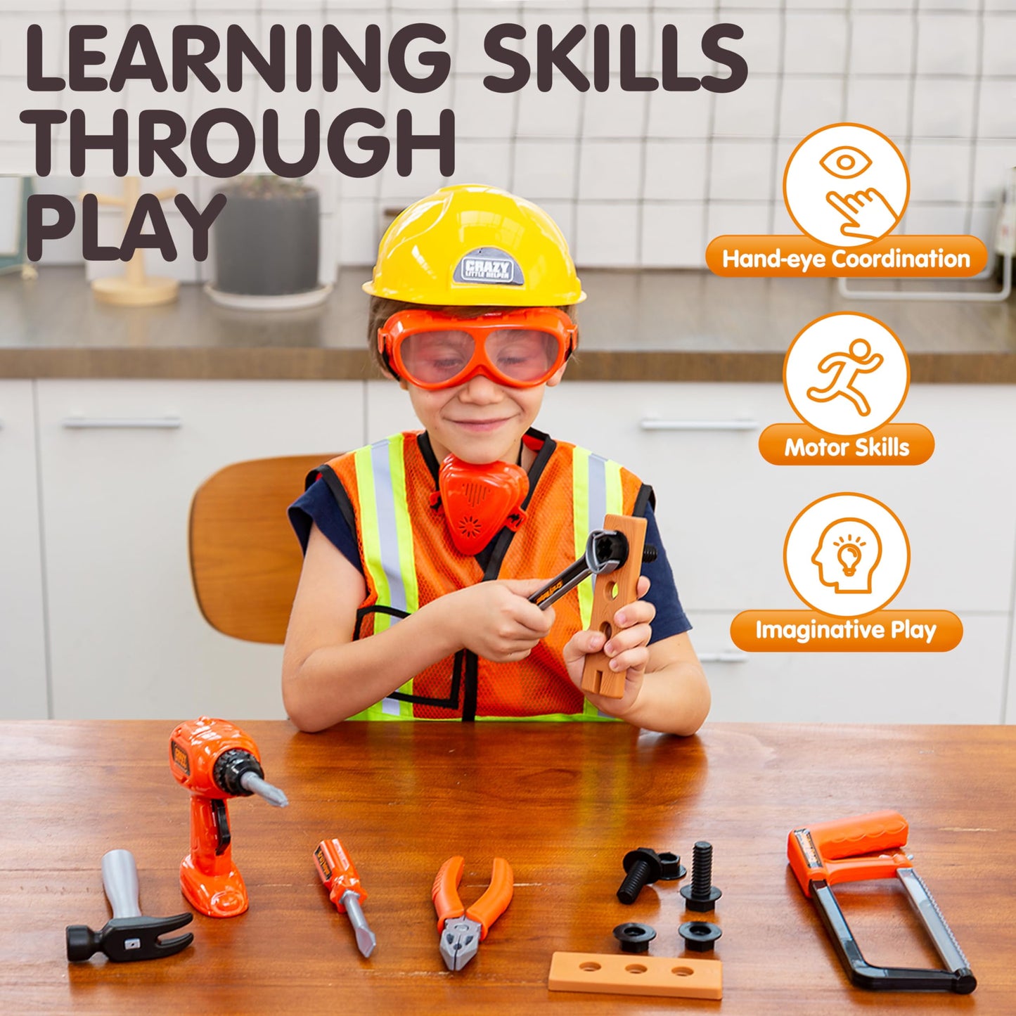 Workbenches with Construction Worker Hat Costume & Electronic Toy Drill, (19 Pieces)