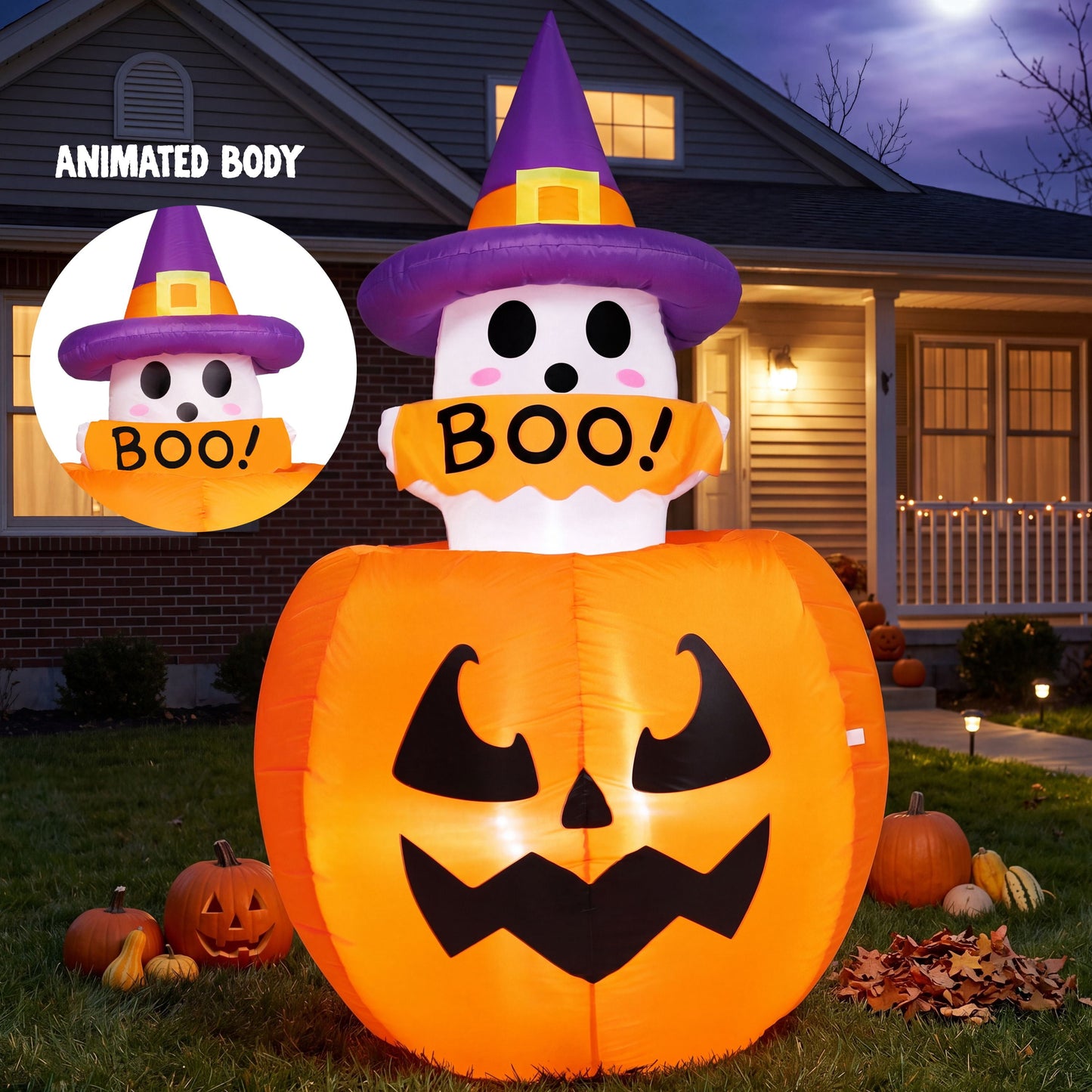 Joyfy 5ft Tall Halloween Animated Inflatables Outdoor Decorations, Inflatable Ghost on Pumpkin with LEDs, Cute Blow Up Pumpkin Ghost Decor for Outside Yard Outdoor Lawn Garden
