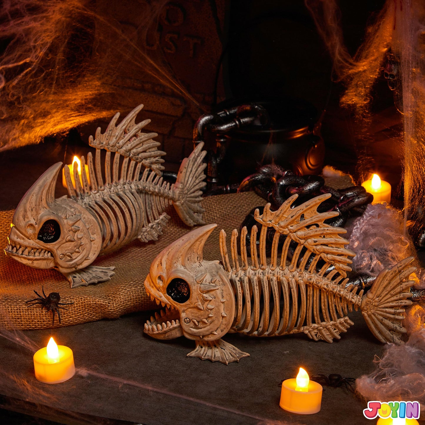 Joyfy 2 Pcs Fish Skeleton Halloween Decoration,9.5 Inch Posable Plastic Animals Halloween Skeleton for Indoor Outdoor Halloween Decorations,Haunted House Party Props