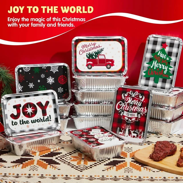 SYNCFUN 24 Pcs Christmas Foil Containers with Lid, Aluminum Foil Pans with Lids, 7"x5"x2" Disposable Foil Pans with Covers, Food Containers Great for Baking, Cooking, Heating, Storing, Prepping Food