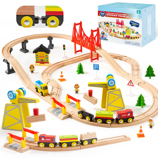 Joyfy 60 Pcs Kids Train Toys with Wooden Tracks & 6 Magnetic Trains, Expandable & Changeable Train Set for Toddlers & 3 to 8 Years Old Boys Girls, Gifts for Birthday Christmas