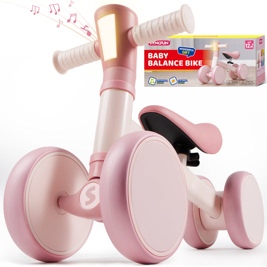 Colorful Lighting Toddler Balance Bike with Music & Led for 1 2 3 Year Old Girls Boys 12-36 Months 4 Wheels Baby First Bike Adjustable Baby Walker Bike Gift for Kids Birthday