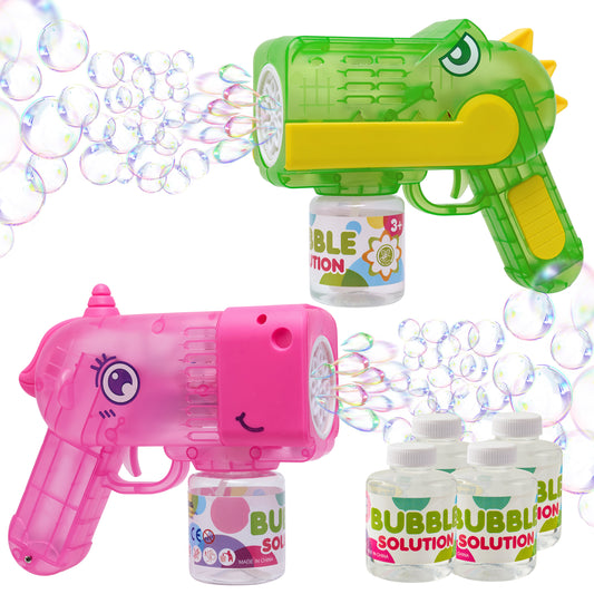 SYNCFUN 2 Pcs Bubble Guns with LED Light, Dinosaur & Unicorn Bubble Gun with 4 Bottle Refill Solution, Bubble Machine Gun for Kid Party Favor, Summer Toy, Outdoor, Birthday Gift