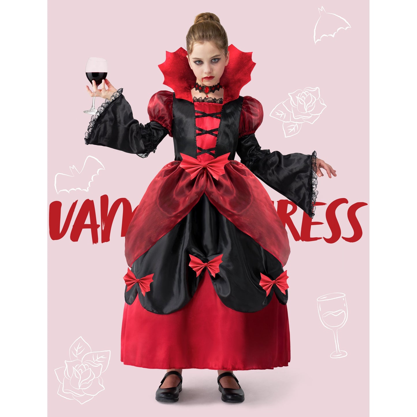 Joyfy Royal Vampire Costume for Girls, Halloween Gothic Victorian Vampiress Queen Costume for Kids Party Dress Up Cosplay