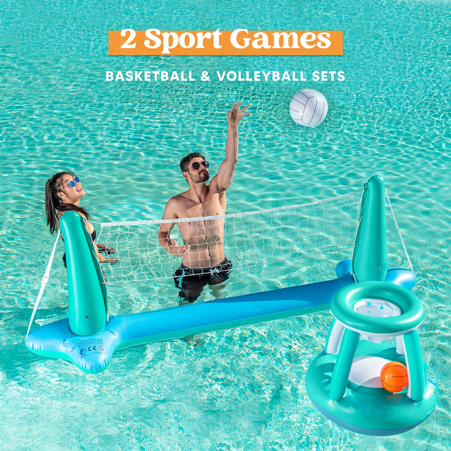 Syncfun Inflatable Pool Float Game Set with Inflatable Volleyball Net & Basketball Hoops, Summer Pool Game for Kids and Adults - Blue