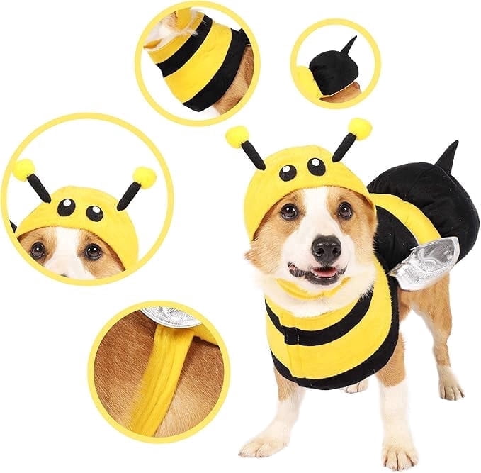 Joyfy Pet Dog Bee Costume, Bumble Bee Dog Costume with 3D Hat and Wings for Halloween Dress Up Party,X Large