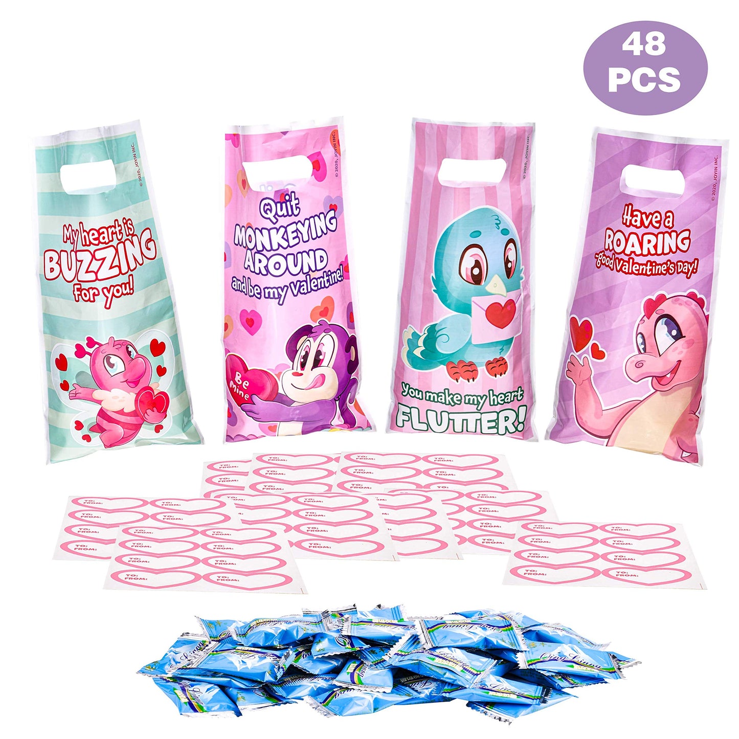 48 Pcs Valentines Day Gift Bags Valentine Goodies Bag for Kids Party Favor Supplies Valentine’s Treat Bags including To and From stickers