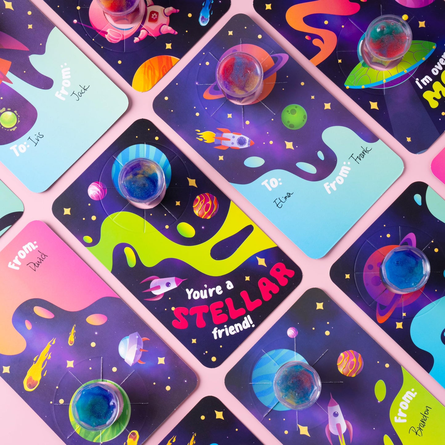 30 Pack Valentines Day Gift Cards with Galaxy Slime Stress Relief Fidget Toy for Kids Party Favor, Classroom Exchange Prizes,Valentine Exchange Gifts, Valentine’s Greeting Cards