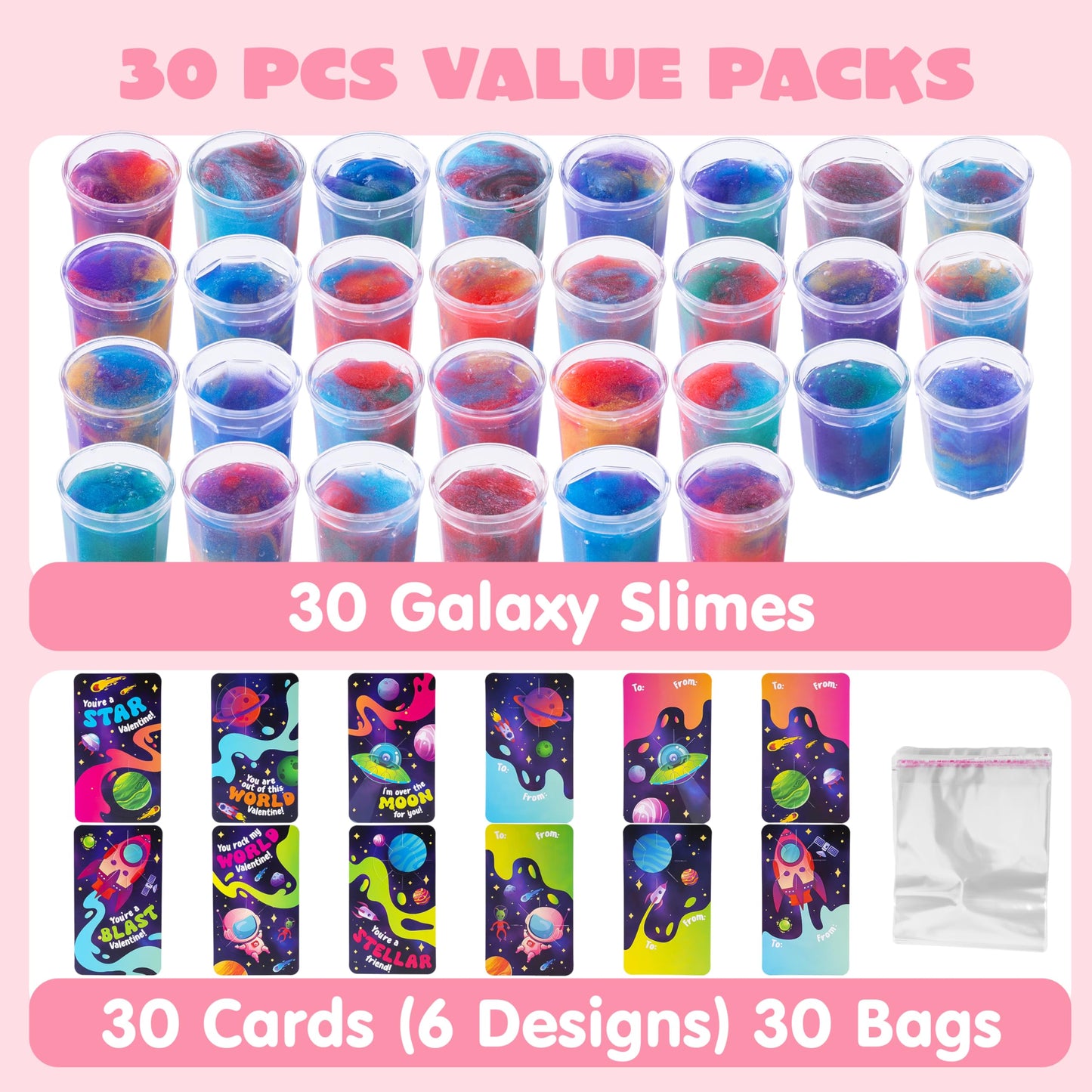 30 Pack Valentines Day Gift Cards with Galaxy Slime Stress Relief Fidget Toy for Kids Party Favor, Classroom Exchange Prizes,Valentine Exchange Gifts, Valentine’s Greeting Cards
