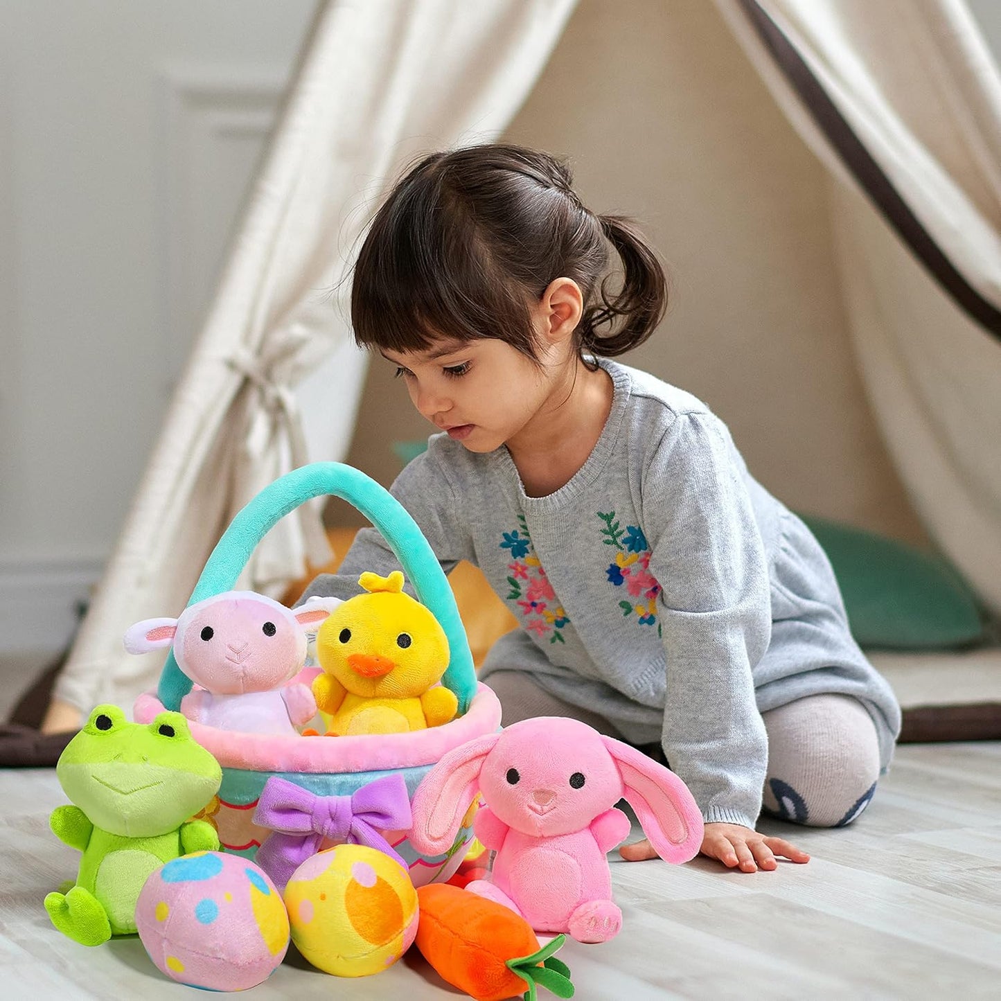 Joyfy 8 Pcs Premade Easter Basket with Easter Plushes for Baby Kids Girls, Easter Basket Stuffers Plushies Playset, Easter Gifts Set, Easter Toys Easter Party Favors, Easter Decor
