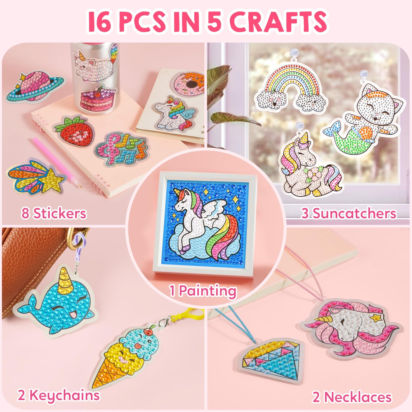 Klever Kits 16 Projects Gem Art, Kids Diamond Gem Painting Kit with 5D Gem, Arts and Crafts for Girls Ages 6-12, Gem Craft Activities Kits, Premium Art Gift Ideas for Girls Crafts Ages 6, 7, 8+