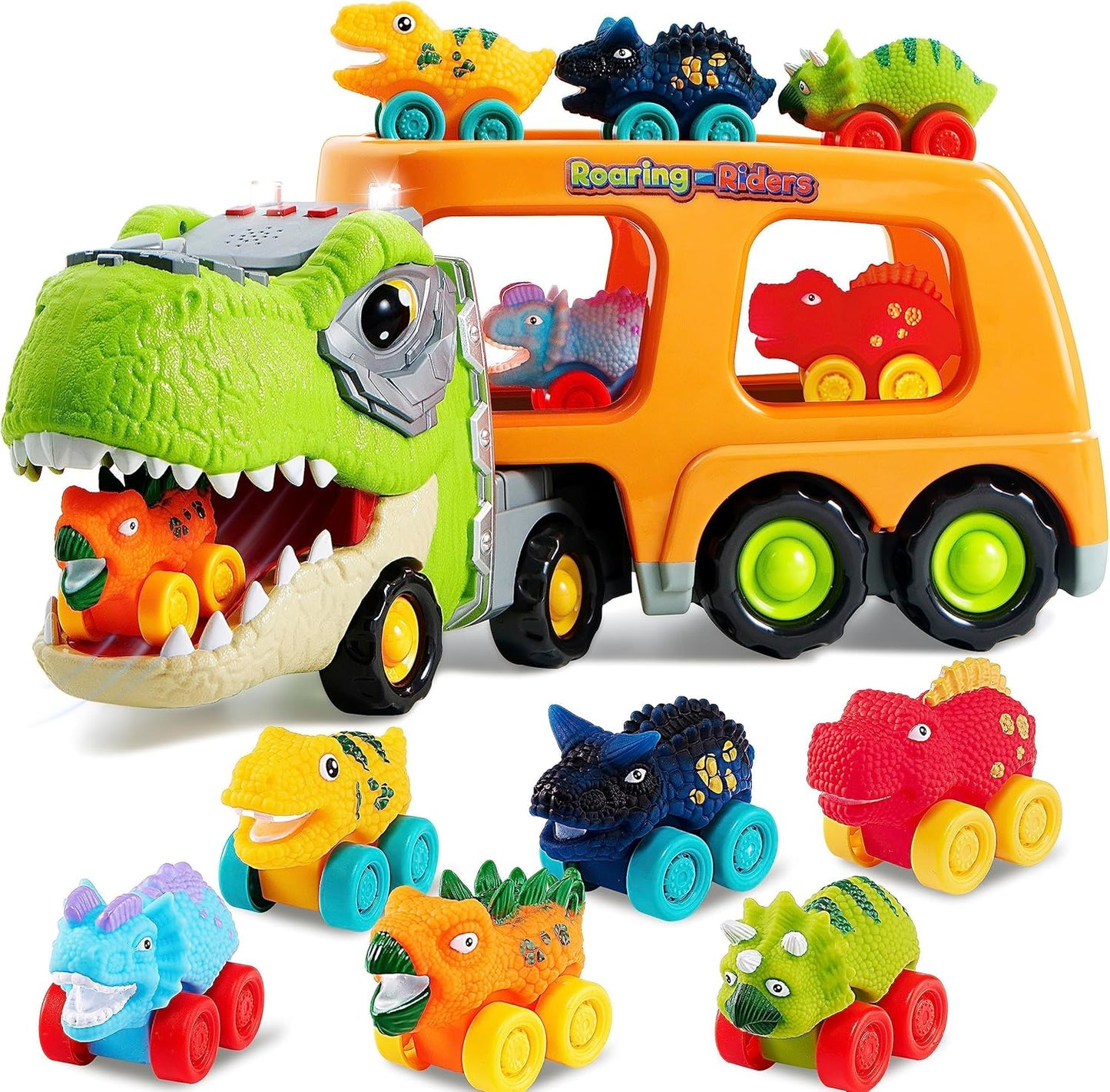 Joyfy Dinosaur Truck Toys, Carrier Truck Toys with 6 Rubber Car Vehicles, Birthday Gift for Kids Toddlers 2 3 4 5 6 Years Old