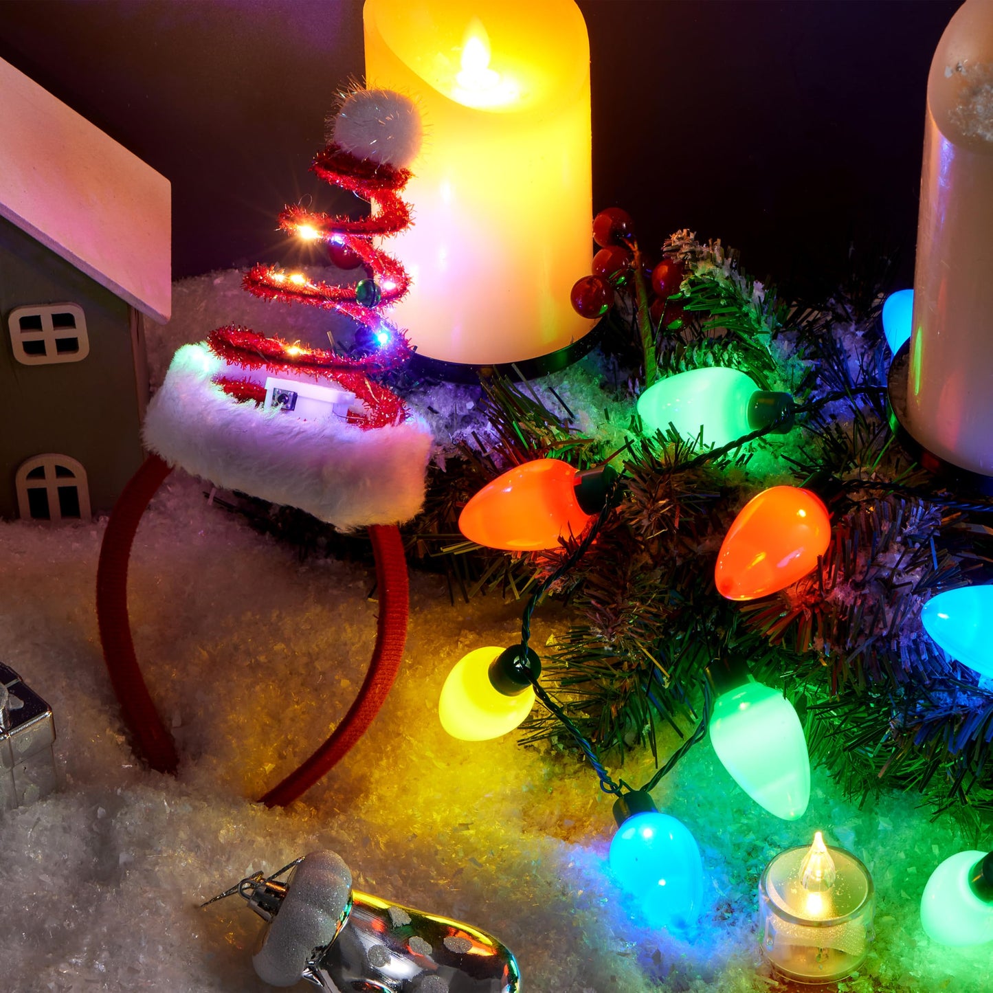 Joyfy 2 Pcs Christmas Lighted Necklace and Santa Hat Headband, Christmas LED Necklace with 9 Bulbs and Xmas Headwear for Christmas and Holiday Parties Xmas Costume Accessories
