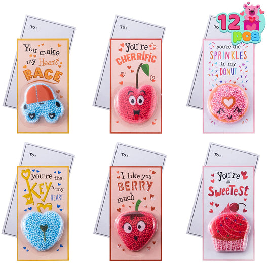 12 Pcs Valentines Foam Squishy Toys for Kids, Fun Gifts Stress Relief Fidget Toys for Valentine Party Favors, School Class Exchange Cards