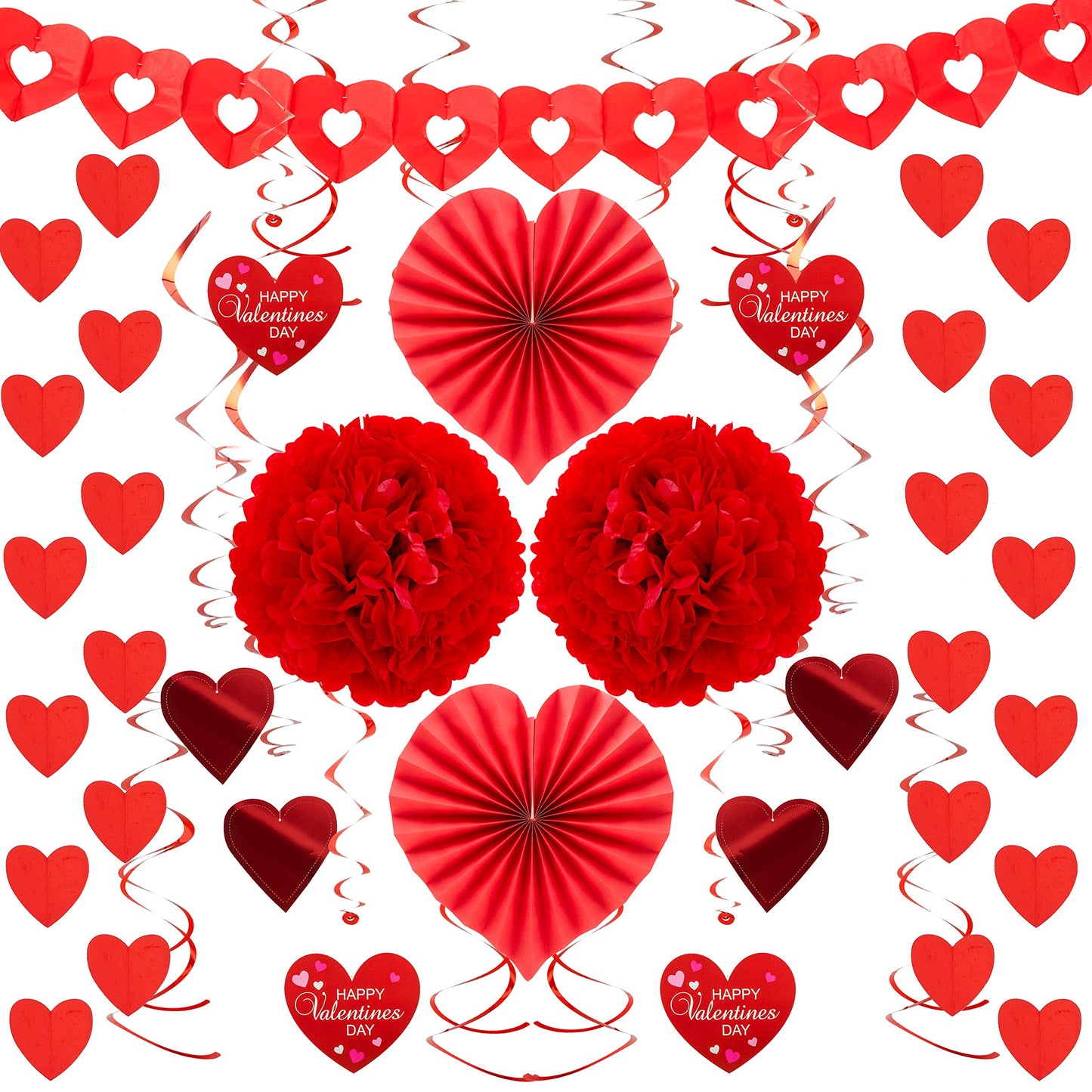 27 Pieces Valentines Day Decoration Kit with 1 Heart Shaped Garland, 2 Tissue Fans, 2 Tissue Poms, 6 Heart String, 8 Double Swirls and 4 Foil Cutouts Swirls and 4 Cardstock Cutouts Swirls