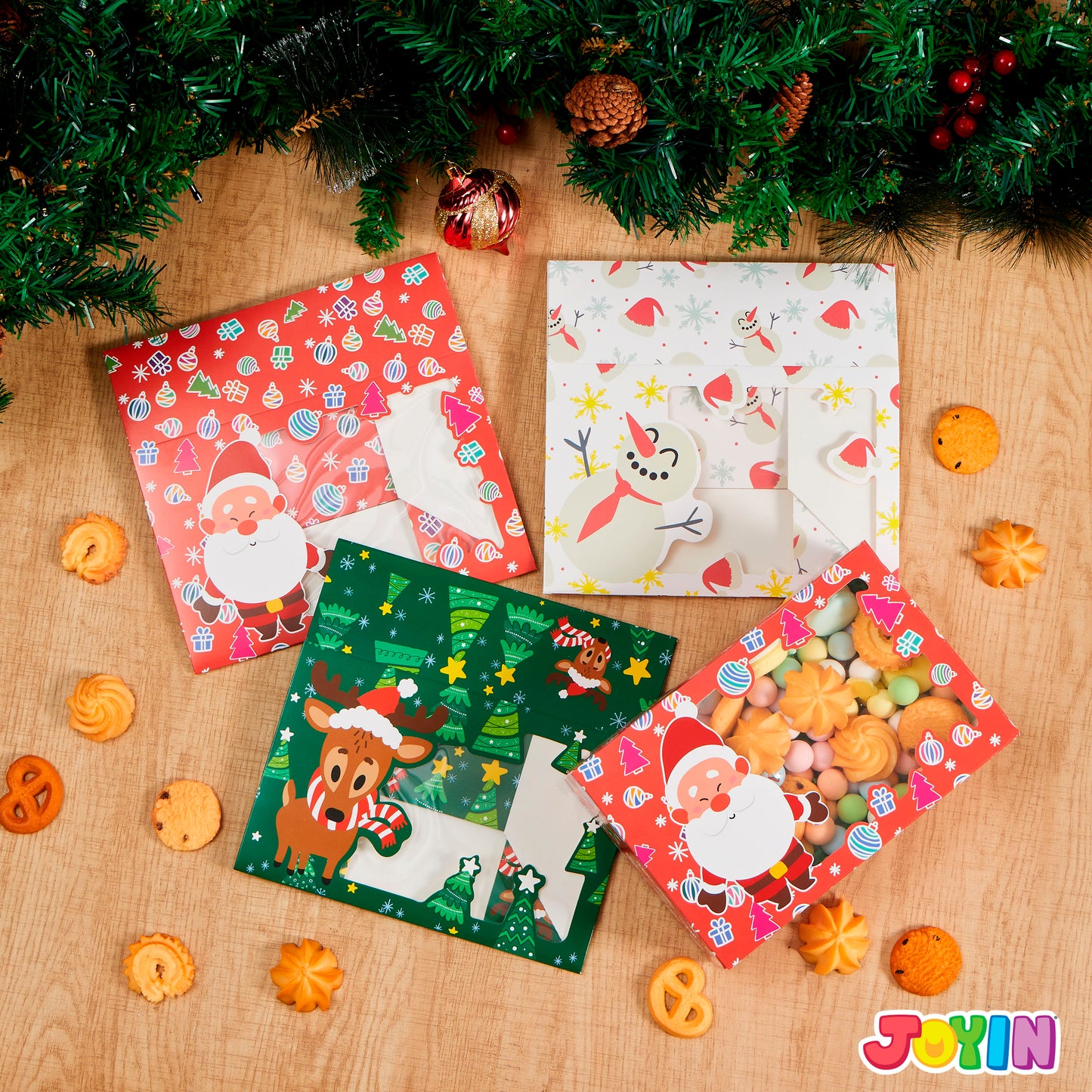 SYNCFUN 24 Pcs Christmas Foil Treats Cookie Gift Box 8.75" x 5.75" x 2.75" Colorful Pattern with Window for Pastries, Cupcakes, Cookies, Brownies, Donuts Gift Giving