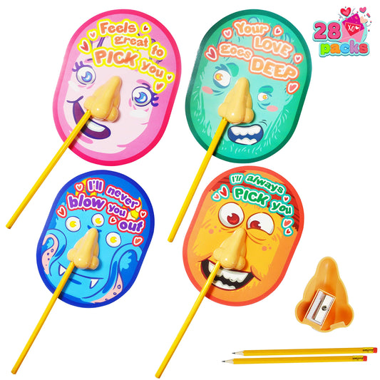 28 pcs I Pick Your Nose Pencil & Pencil Sharpener with Valentines Card for Kids Party Favor, Classroom Exchange Prizes, Valentine’s Greeting Cards