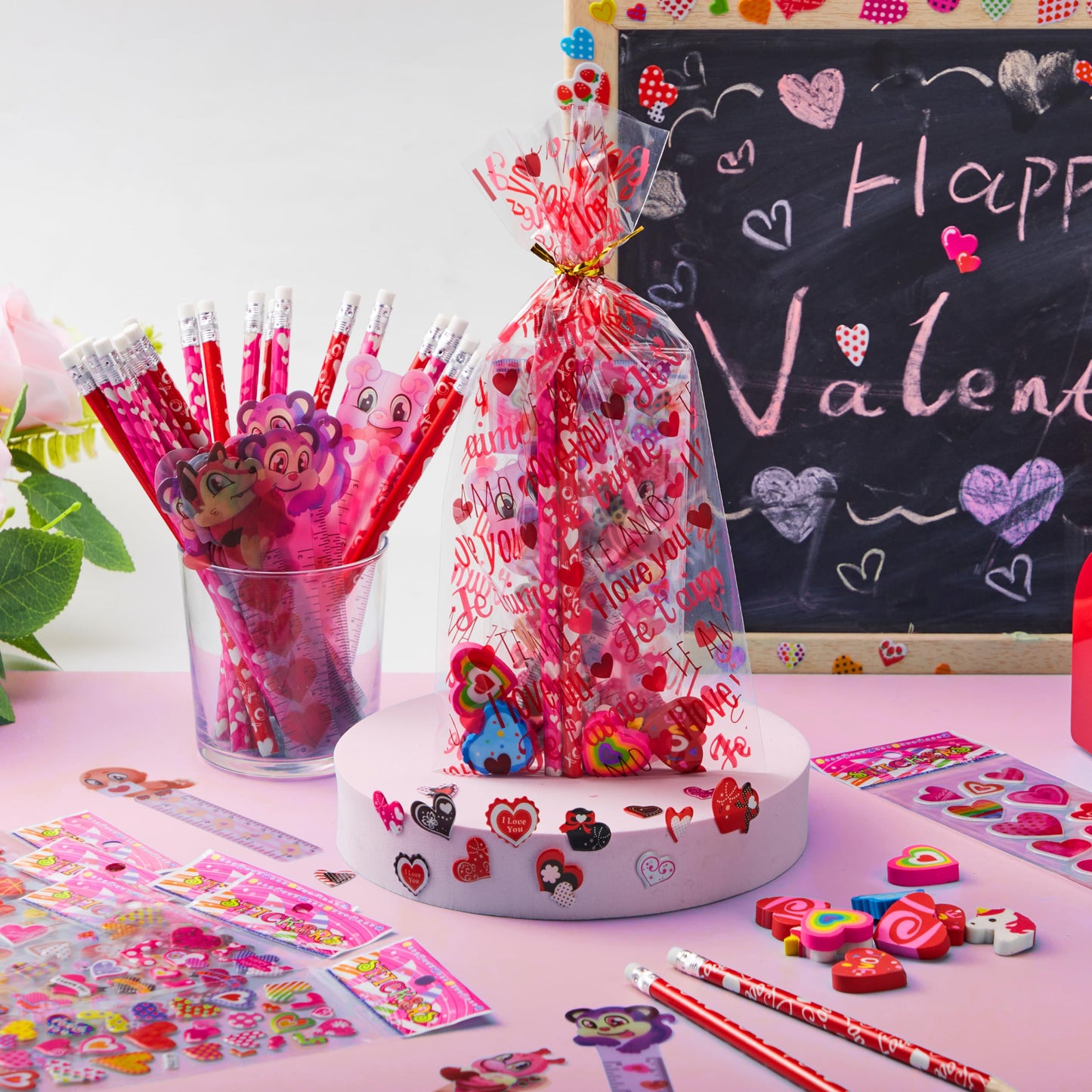 28 Pack Valentines Day Stationery Set Assorted for Kids, with Pencils Sticker Eraser and Rulers, and Holiday Reward Prizes Classroom School Exchange Gift