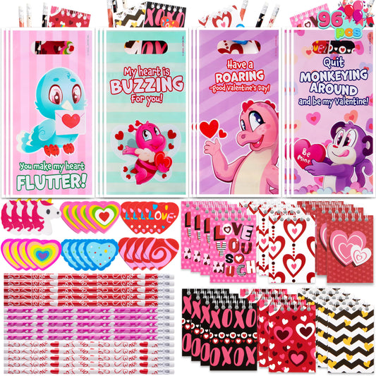 96 Valentines Day Stationery Gifts with Pencil, Erasers, Notebook & Bags for Kids Valentine’s Day School Classroom Exchange Party Favor Gift Supplies