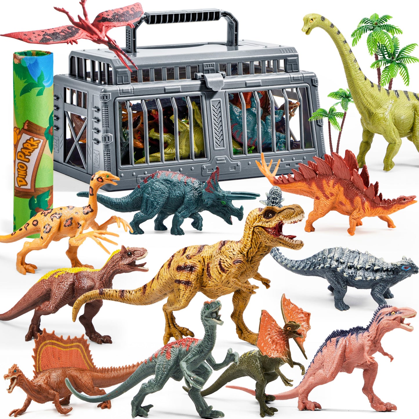 Joyfy 19 PCS Realistic Dinosaur Figures & Trees for Toddlers, Dinosaur Toys with Activity Play Mat & Storage Cage, Dino Playset Toys for Kids Ages 3-5, Dinosaur Toys for Boys and Girls Gift