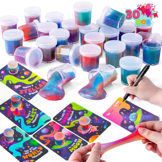 30 Pack Valentines Day Gift Cards with Galaxy Slime Stress Relief Fidget Toy for Kids Party Favor, Classroom Exchange Prizes,Valentine Exchange Gifts, Valentine’s Greeting Cards