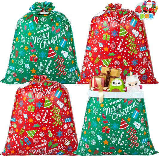 Joyfy 4 Pcs Jumbo Christmas Gift Bags with Gift Tags Jumbo/Giant Bike Size 44"x 36" Snowflakes & Jingle Bells Christmas Prints, Heavy Duty Large Gifts Bags, Party Favors Bags