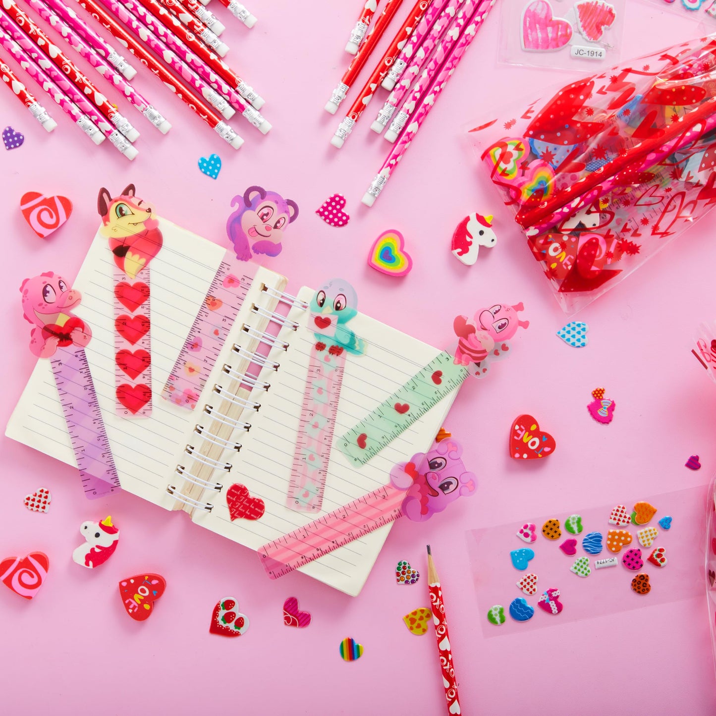 28 Pack Valentines Day Stationery Set Assorted for Kids, with Pencils Sticker Eraser and Rulers, and Holiday Reward Prizes Classroom School Exchange Gift