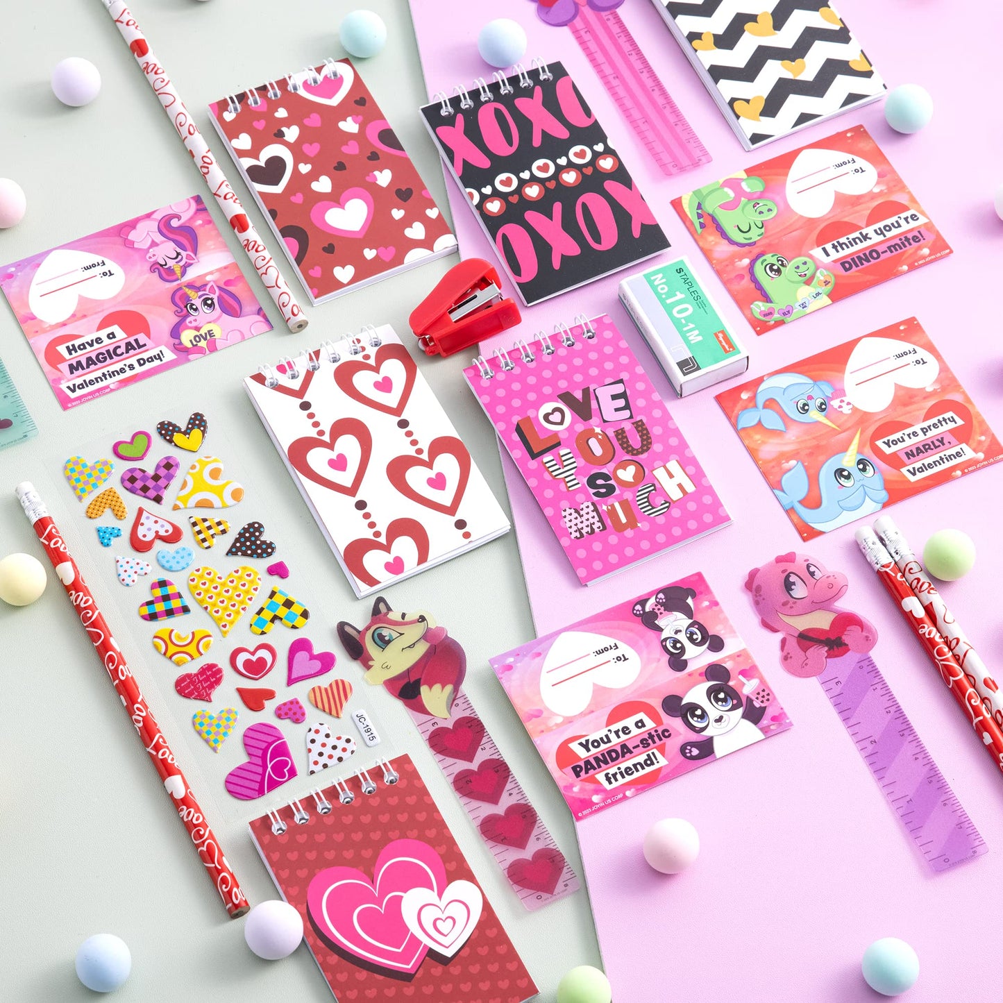 28 Packs Valentine's Day Stationery Set with Gift Card for Kids, Includes Pencils, Rulers, Notebook and Stickers for Valentine's Classroom Exchange Party Favors Supplies
