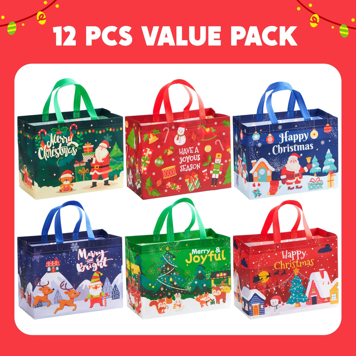 Joyfy Christmas 12 Pcs Christmas Large Tote Bags 12.8"*9.8" Holiday Reusable Gift Bags for Classroom Party Favor Supplies, Christmas Shopping Bags, Xmas Party Supplies Bags