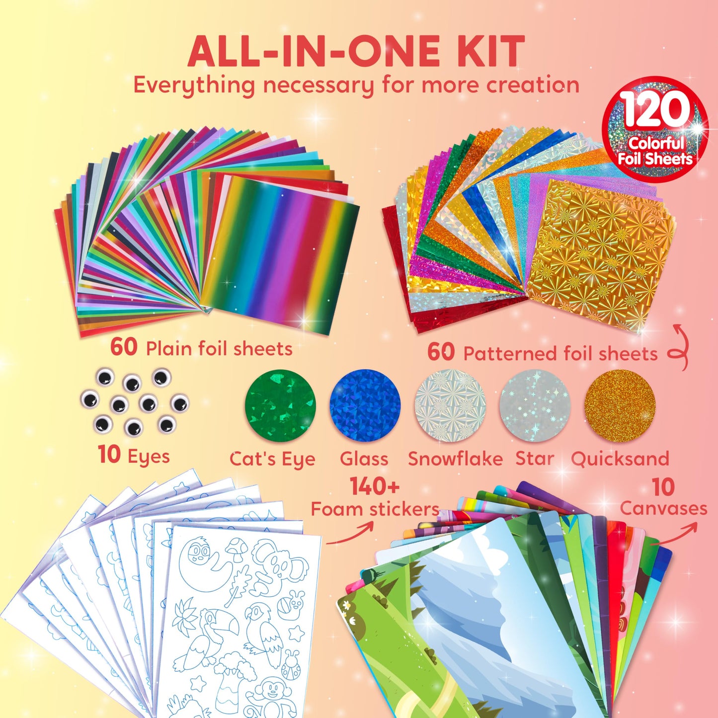 Joyfy Animal Foil Art Kit, Mess Free Arts & Crafts for Kids with 120 Foil Sheets, 140 Foam Stickers, Birthday Gift for Boys and Girls Ages 4 and Up