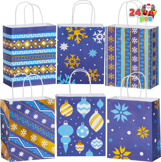Joyfy 24 Pcs Christmas Kraft Gift Bags with Handle for Holiday Paper Gift Bags, Christmas Goody Bags, Xmas Gift Bags, School Classrooms Party Favors Supplies