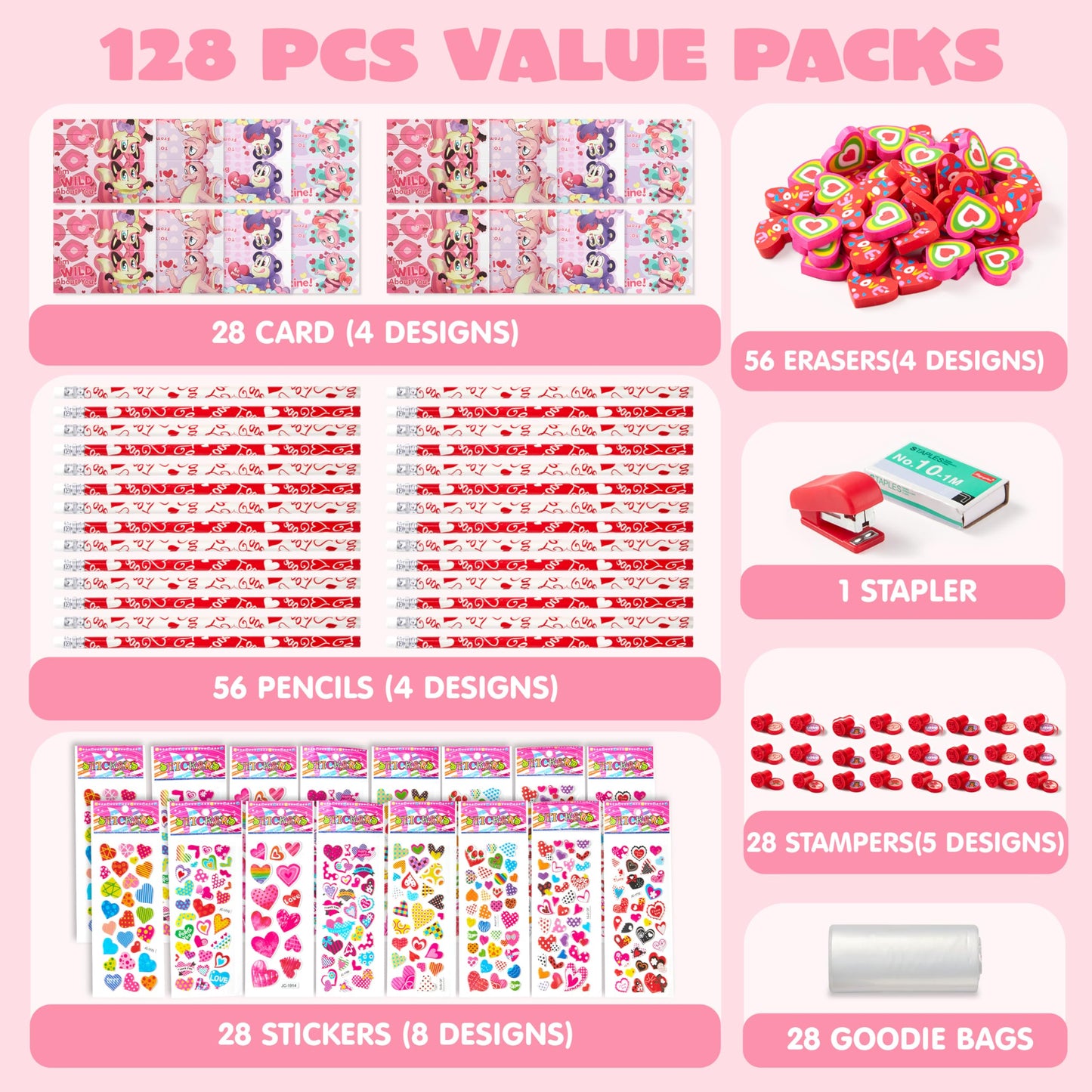 28 Pack Valentines Day Stationery Kids Gift Set for School Classmates Exchange Gift, Valentine Party Favor, Includes Pencils, Erasers, Stamper, Stickers