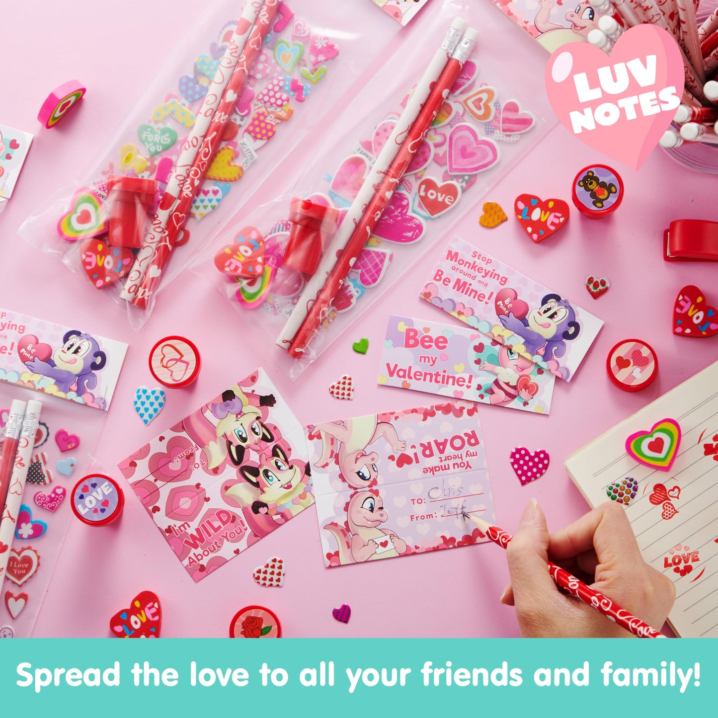 28 Pack Valentines Day Stationery Kids Gift Set for School Classmates Exchange Gift, Valentine Party Favor, Includes Pencils, Erasers, Stamper, Stickers
