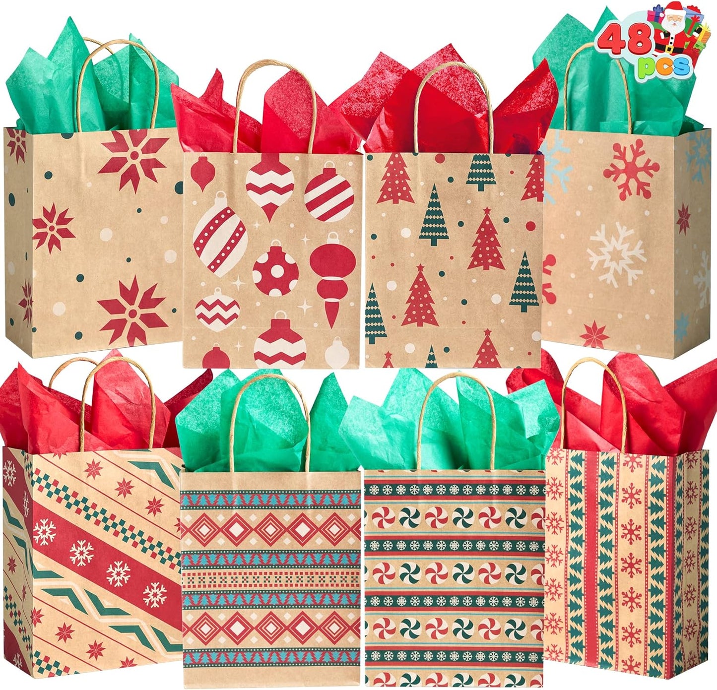 48 PCS present Bags, Kraft Bags with Handle Christmas Characters for Christmas Party Favors, Gift Giving, Holidays Decorations, Xmas Treat Bags