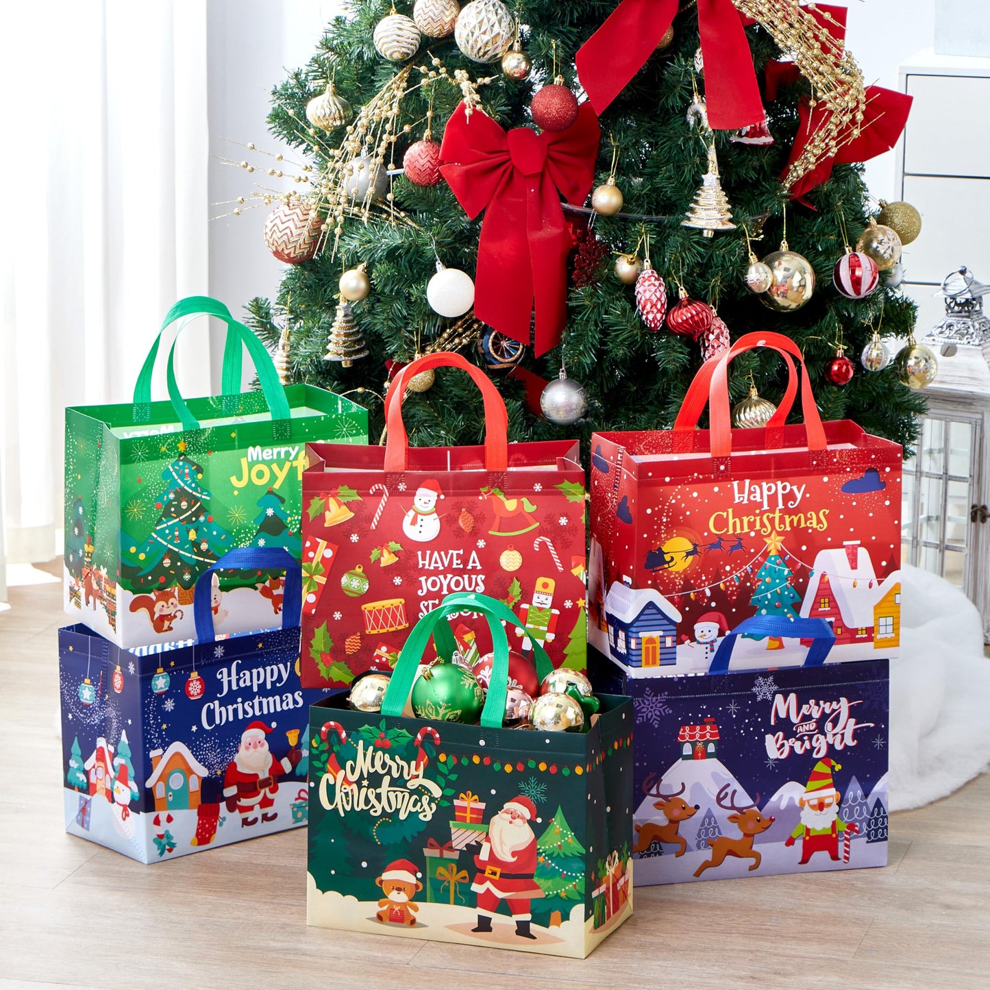 Joyfy Christmas 12 Pcs Christmas Large Tote Bags 12.8"*9.8" Holiday Reusable Gift Bags for Classroom Party Favor Supplies, Christmas Shopping Bags, Xmas Party Supplies Bags