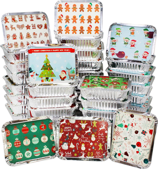SYNCFUN 48 Pcs Christmas Cookie Tins with Lids for Gift Giving, Rectangular Treat Foil Containers, Disposable Food Storage Pan for Holiday Leftovers Goodie Container or Cookie Exchange