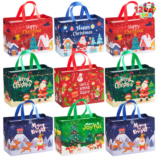 Joyfy Christmas 12 Pcs Christmas Large Tote Bags 12.8"*9.8" Holiday Reusable Gift Bags for Classroom Party Favor Supplies, Christmas Shopping Bags, Xmas Party Supplies Bags