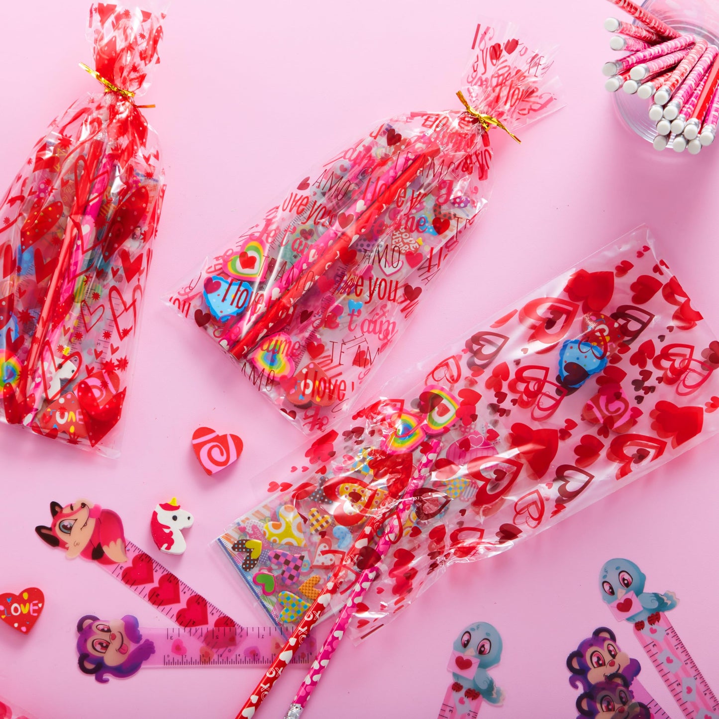 28 Pack Valentines Day Stationery Set Assorted for Kids, with Pencils Sticker Eraser and Rulers, and Holiday Reward Prizes Classroom School Exchange Gift