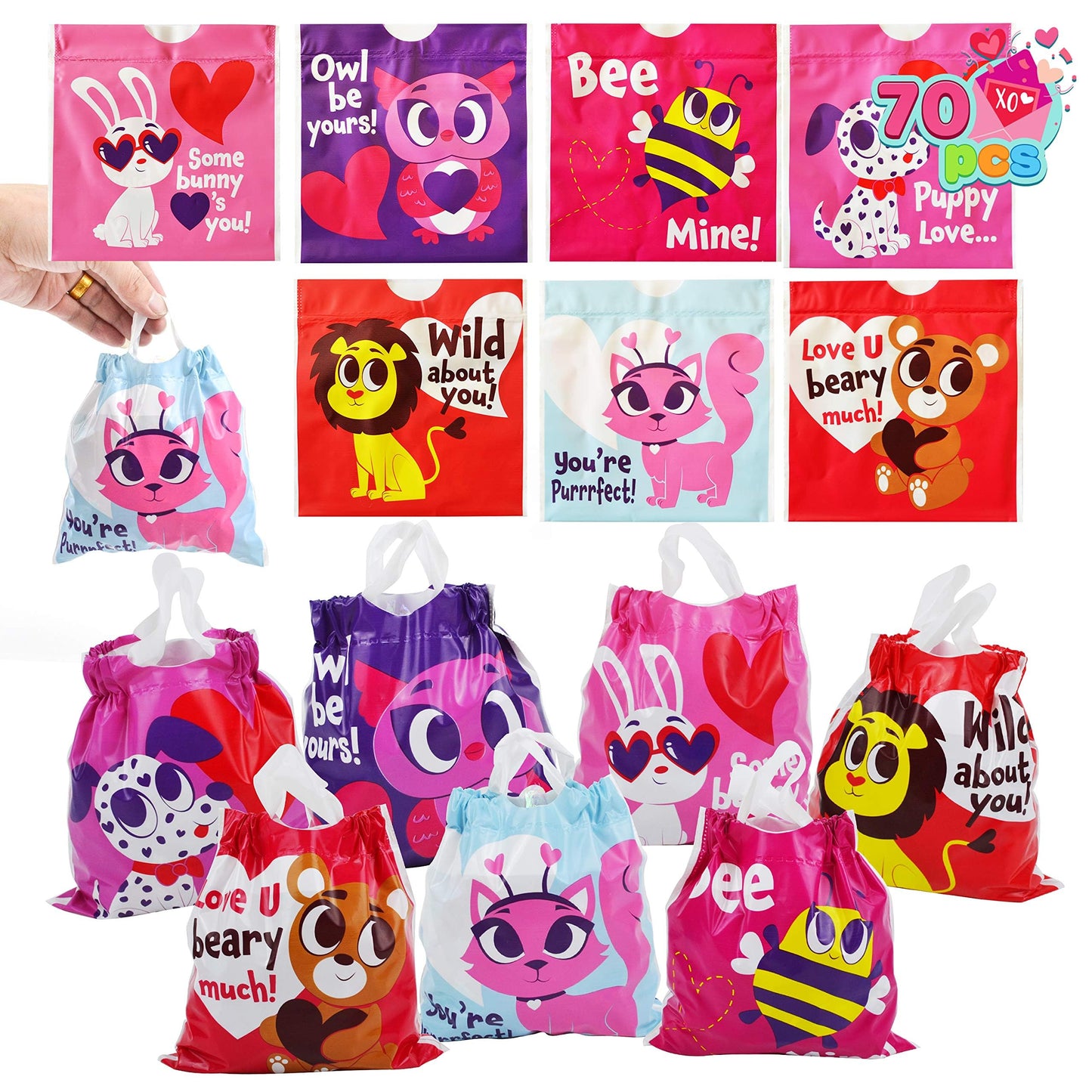70 Pcs Valentine Gift Bags Drawstring Candy Bags Valentine Mini Plastic Goodie Bags for Kids Valentines Day Party Favor Supply