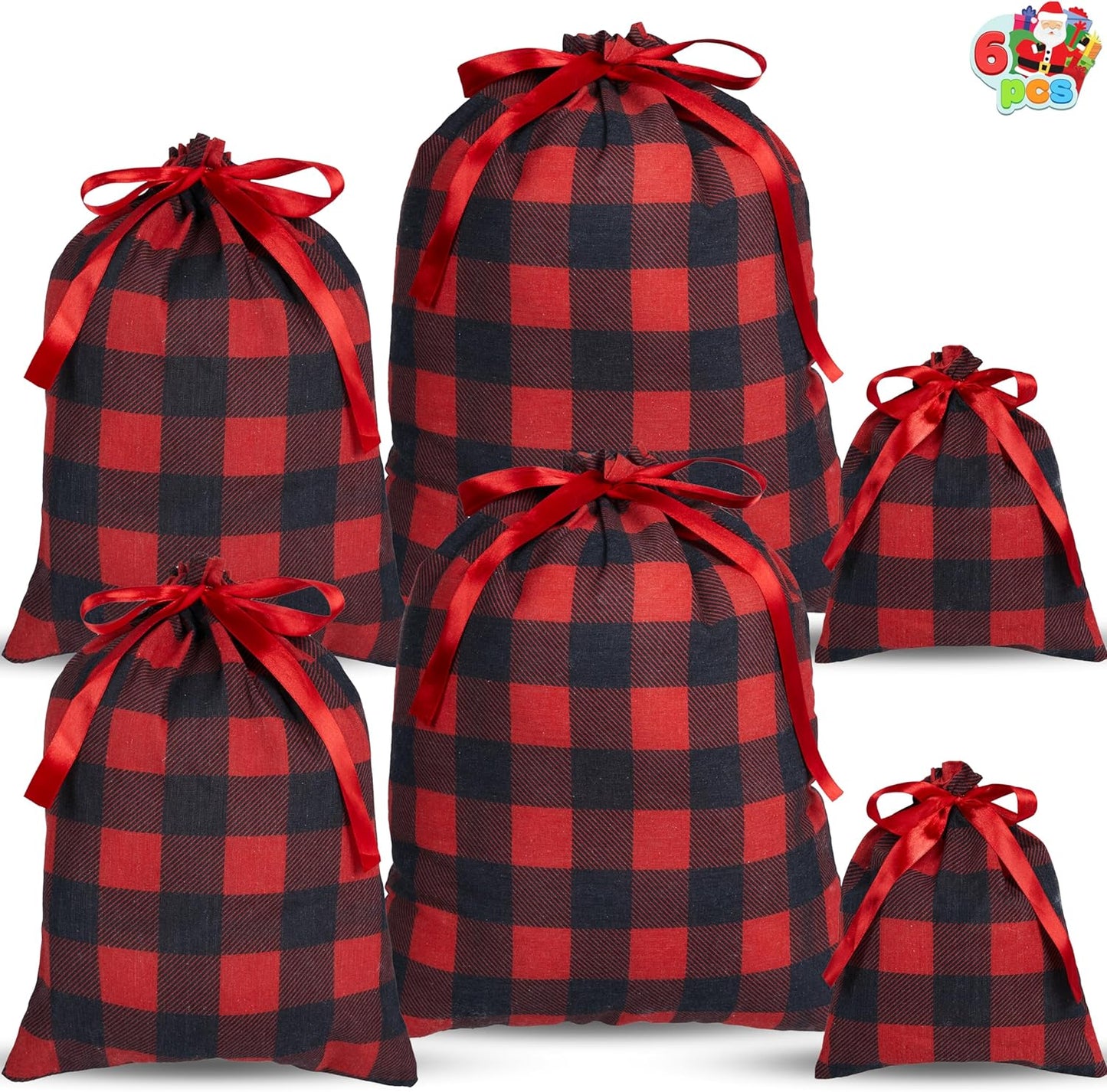 Joyfy Christmas Drawstring Gift Bags, 6 Pcs Buffalo Plaid Sack Large Medium Small Sized Gift Wrapping Bag Set Xmas Party Supply Giant Gifts Decorations