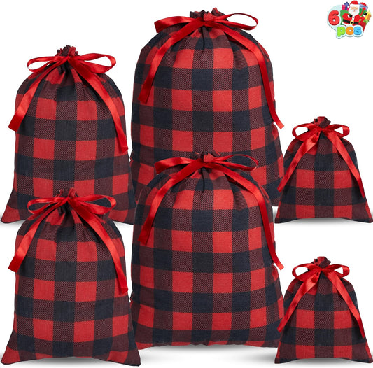 Joyfy Christmas Drawstring Gift Bags, 6 Pcs Buffalo Plaid Sack Large Medium Small Sized Gift Wrapping Bag Set Xmas Party Supply Giant Gifts Decorations