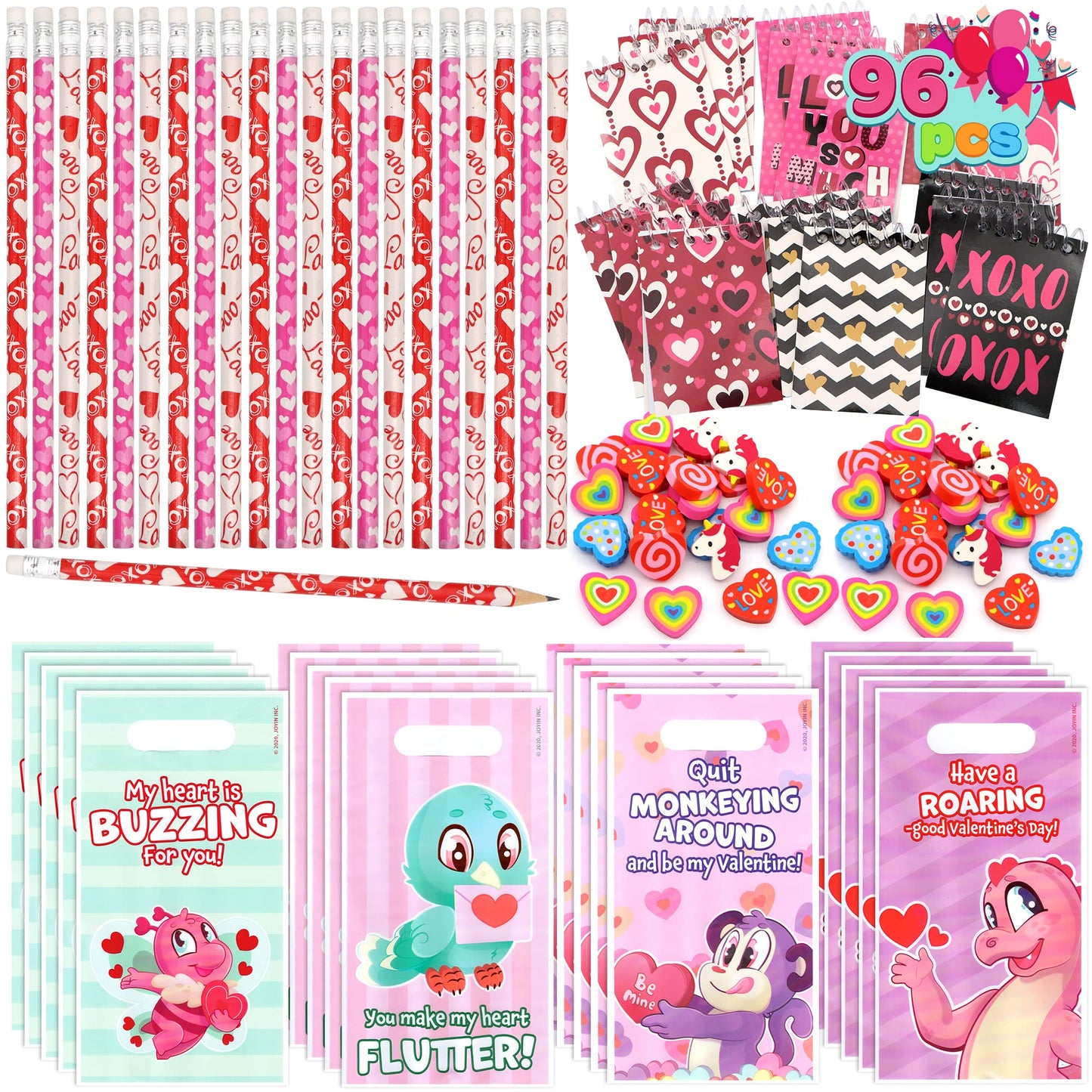 96 Valentines Day Stationery Gifts with Pencil, Erasers, Notebook & Bags for Kids Valentine’s Day School Classroom Exchange Party Favor Gift Supplies