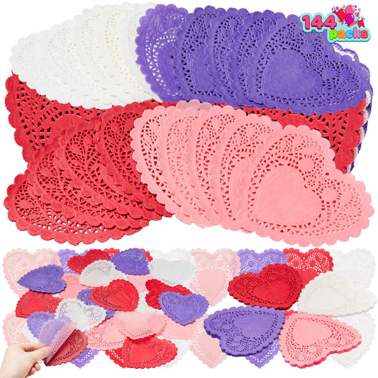 Joyfy 144 Pcs Valentine Heart Doilies,4 Colors Heart Paper Doilies for Valentine's Day Party Craft Supplies