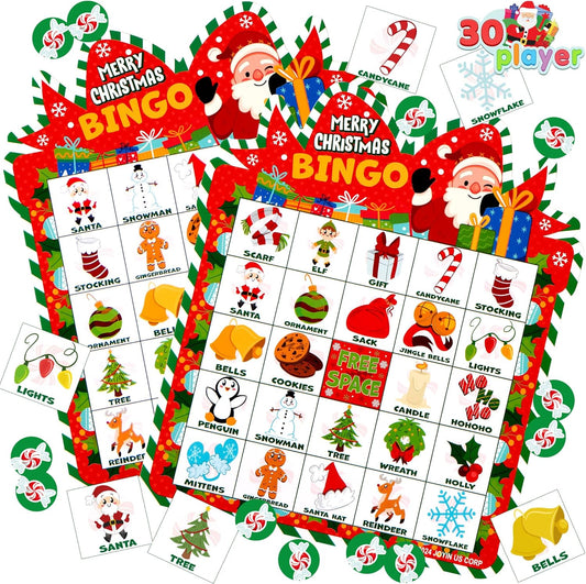 Joyfy 30 Players Christmas Bingo Cards for Kids Family Activities, Party Card Games, School Classroom Games, Turkey Party Supplies