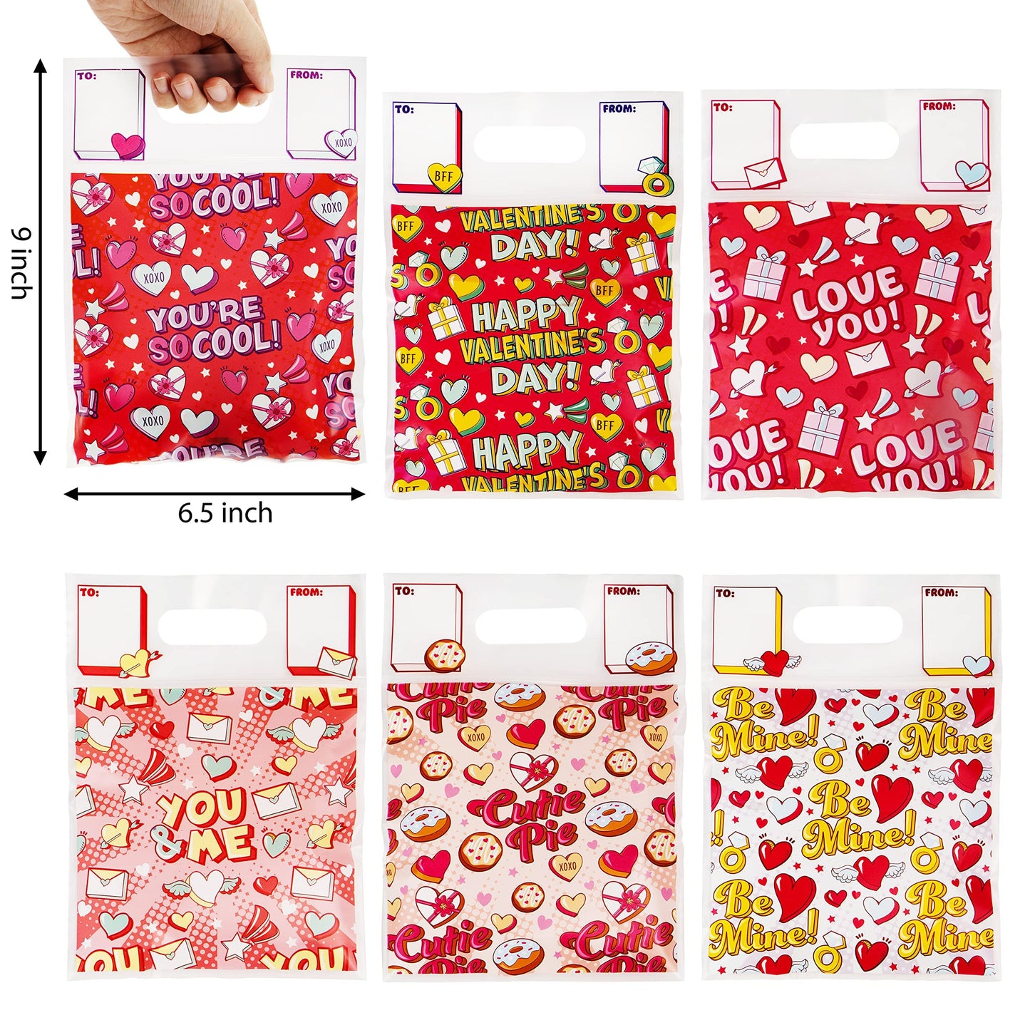 48 Pcs Valentine’s Day Sealing Gift Bag with Handles, Candy Bag with 6 Designs for Kids Party Favor, Classroom Exchange Prizes, Valentine’s Goodie Bags