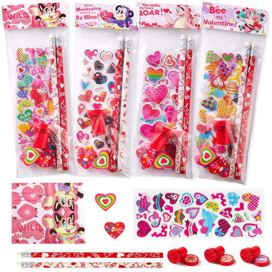 28 Pack Valentines Day Stationery Kids Gift Set for School Classmates Exchange Gift, Valentine Party Favor, Includes Pencils, Erasers, Stamper, Stickers