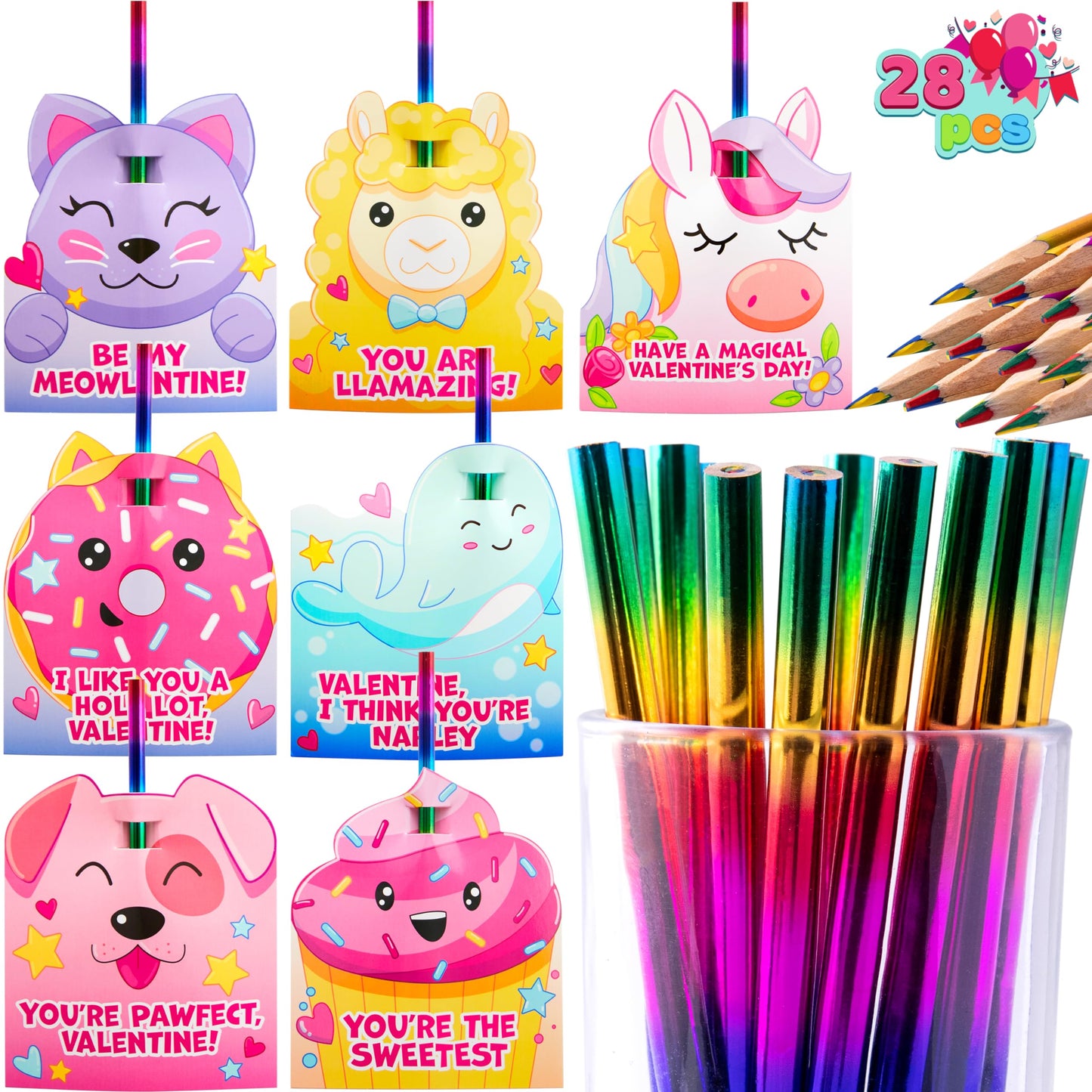 28 Packs Valentines Rainbow Pencil with Cards for Kids Party Favors, Classroom Prize Supplies, Valentines Greeting Cards including Colorful Pencils