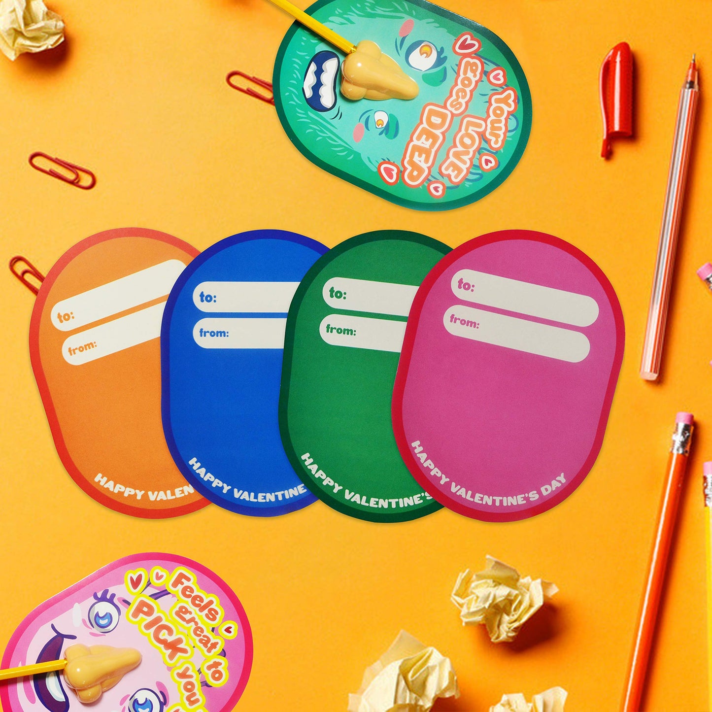 28 pcs I Pick Your Nose Pencil & Pencil Sharpener with Valentines Card for Kids Party Favor, Classroom Exchange Prizes, Valentine’s Greeting Cards